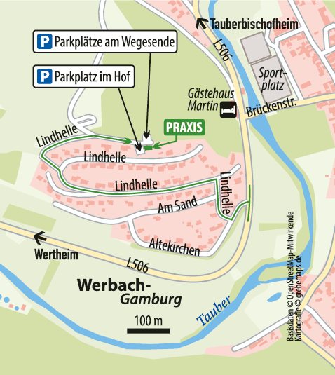 Anfahrtsskizze zur Naturheilpraxis in Gamburg mit beiden eingezeichneten Parkmöglichkeiten